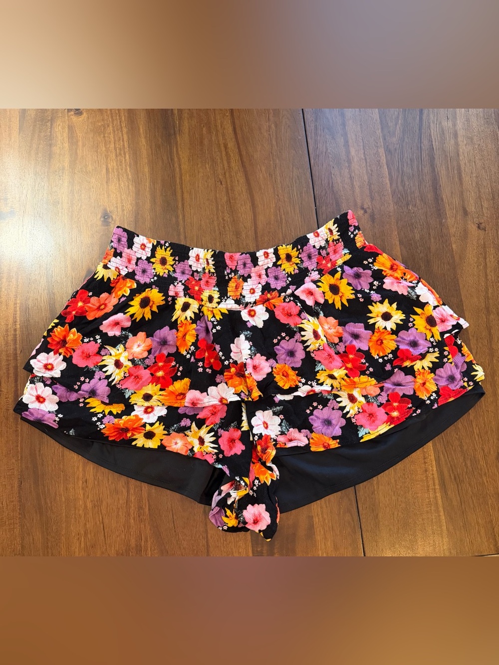Floral Ruffle Skort Shorts in Black with Multicolor Blooms